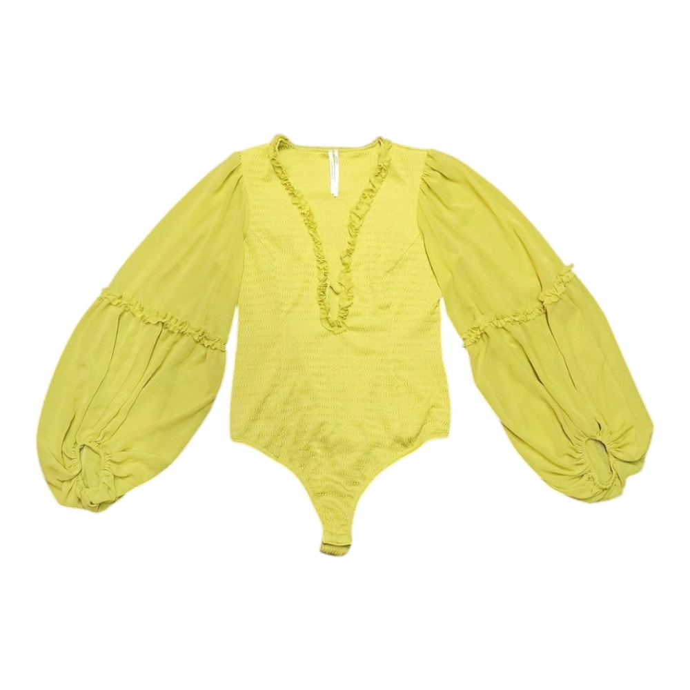 Anthropologie Plunge Neck Line Balloon Sleeve Chartreuse Bodysuit NWOT